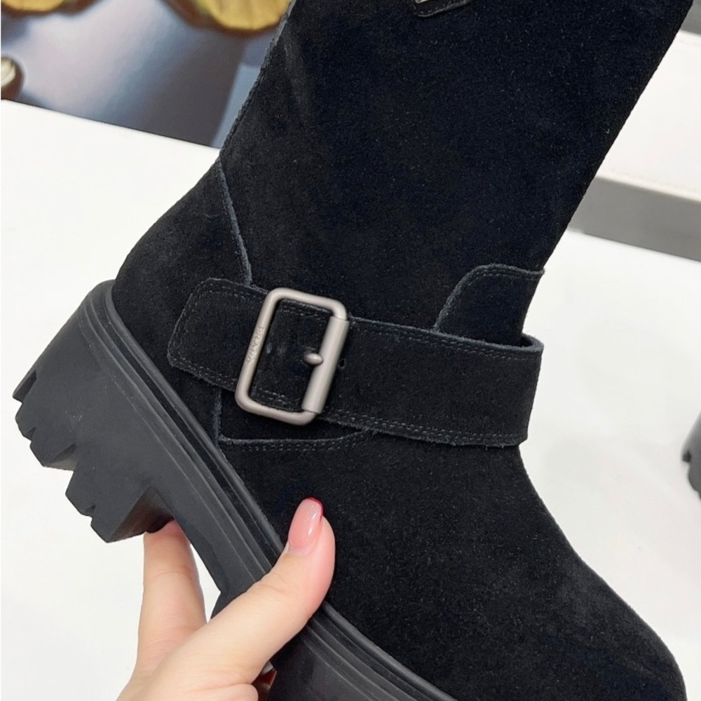 Women's Prada Black Suede Triangle Logo Buckle Chunky Platform Mid-Calf Boots - Picture 2 of 8